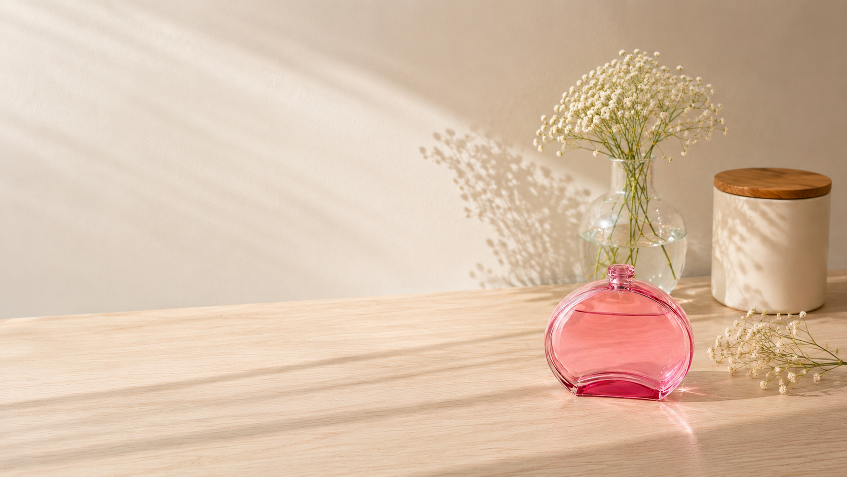 Frasco rosé translúcido com gypsophila