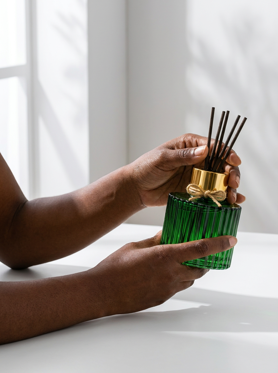 Difusor canelado verde esmeralda com tampa dourada