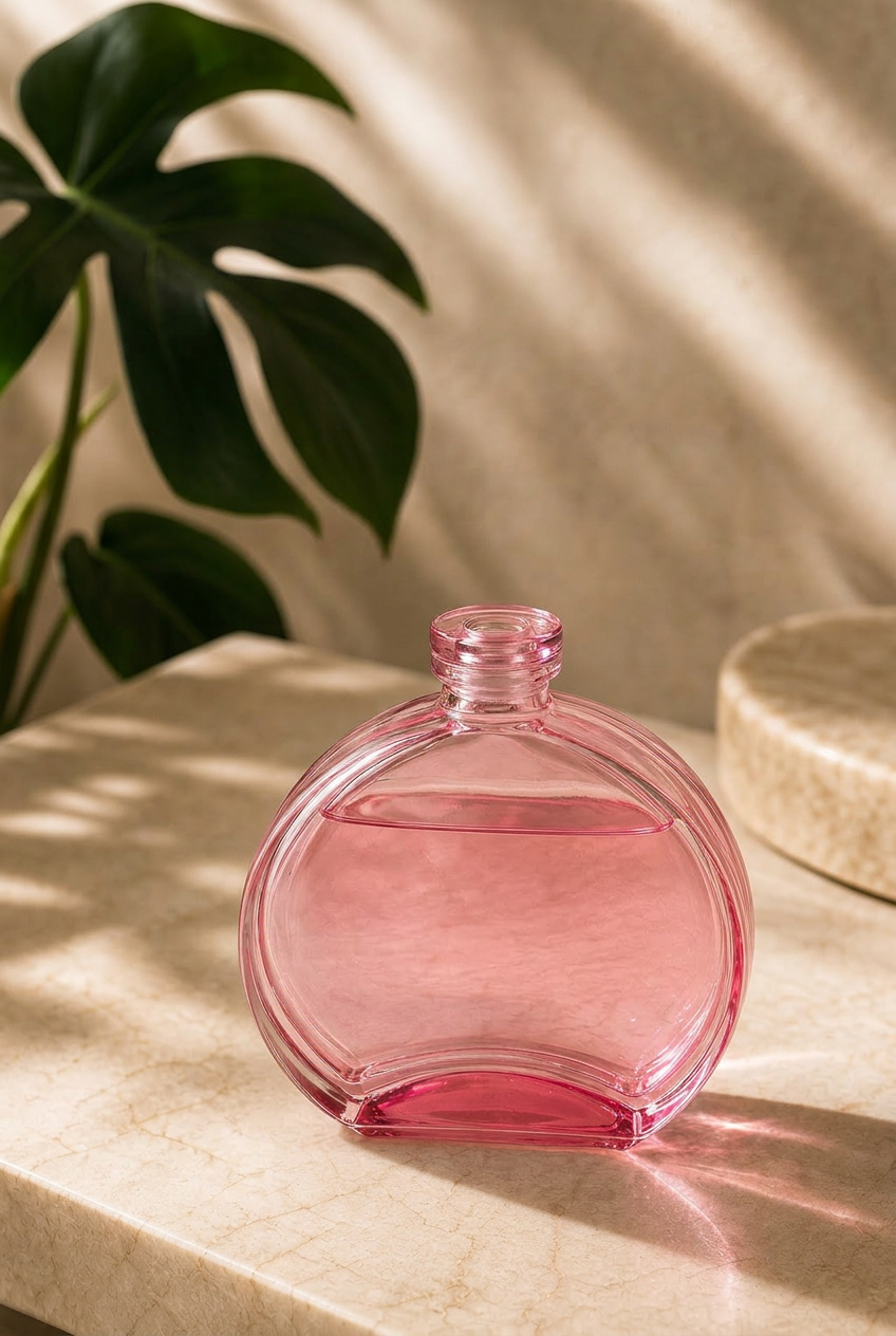 Frasco rosé arredondado com brilho delicado