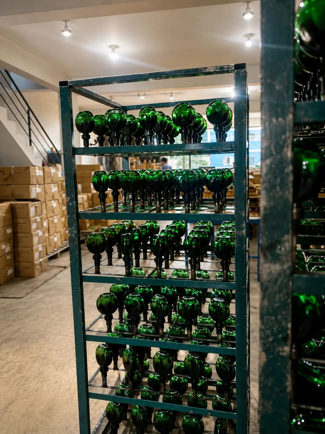 Racks de produção com frascos verde esmeralda