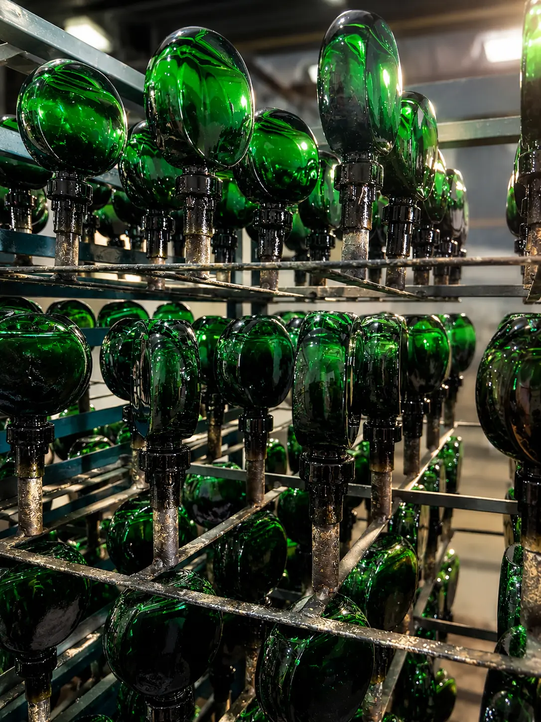 Detalhe da linha de produção em vidro verde