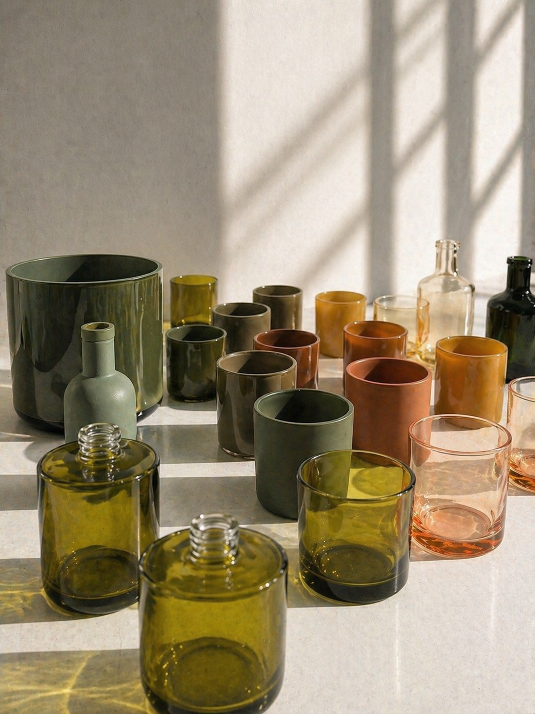Conjunto de potes em verde, âmbar e rosé