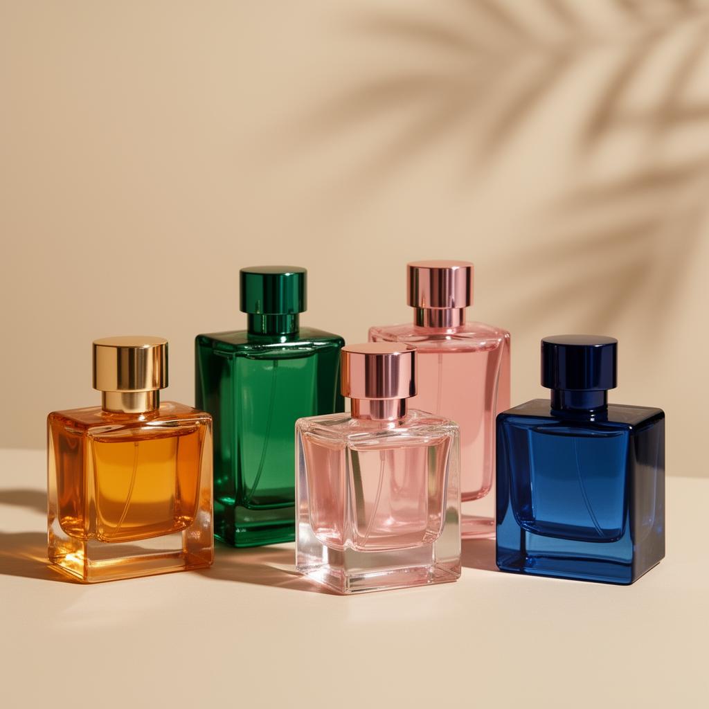 Conjunto de frascos de vidro premium em diversas cores e acabamentos