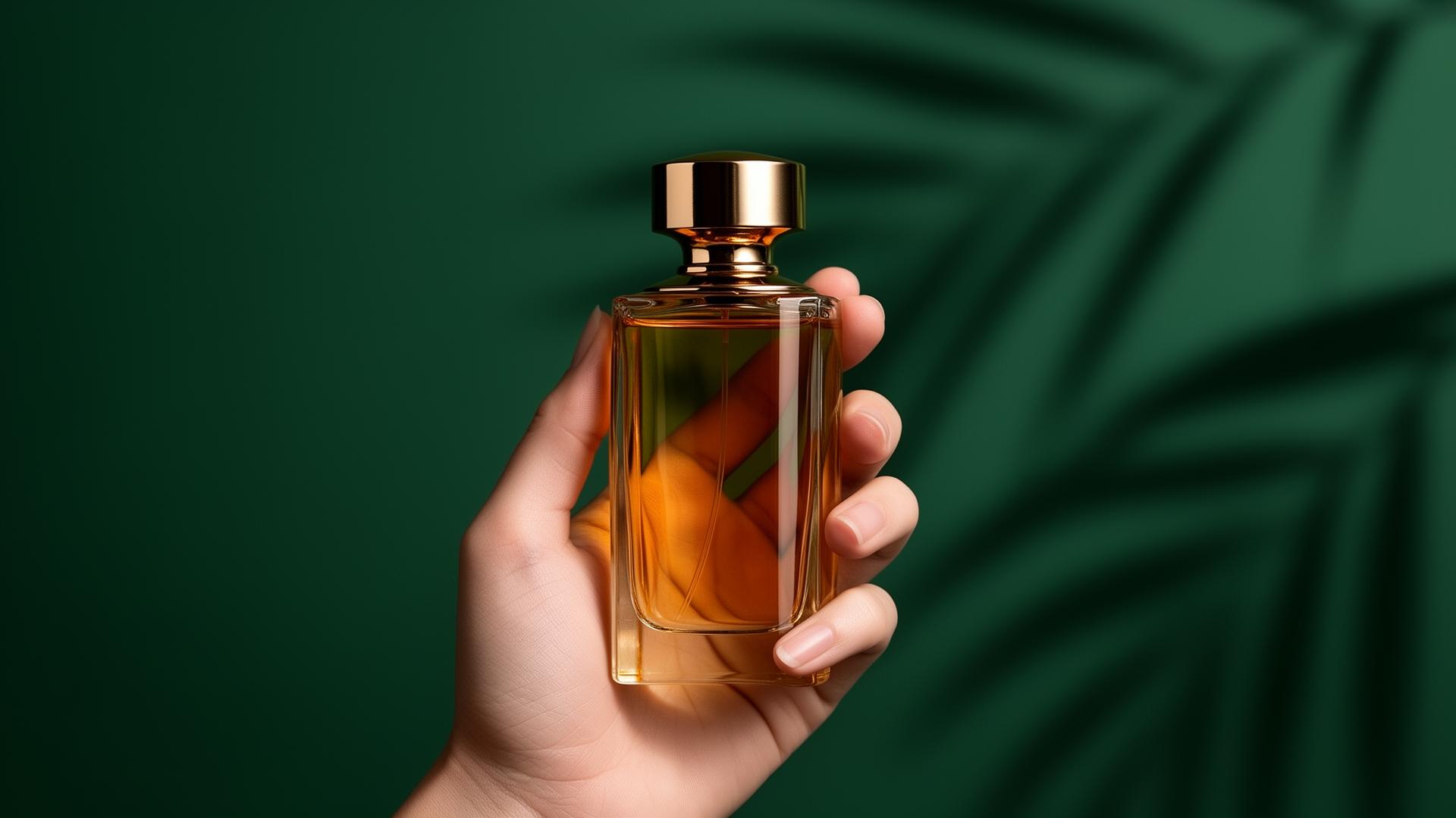 Frasco de perfume metalizado em fundo verde com sombras de folhagem